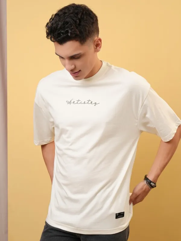 Locomotive Premium Men Off White Round Neck Half Sleeve Oversized T-Shirt