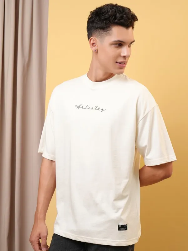 Locomotive Premium Men Off White Round Neck Half Sleeve Oversized T-Shirt