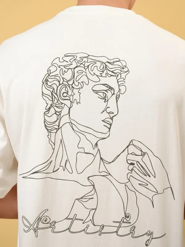 Locomotive Premium Men Off White Round Neck Half Sleeve Oversized T-Shirt
