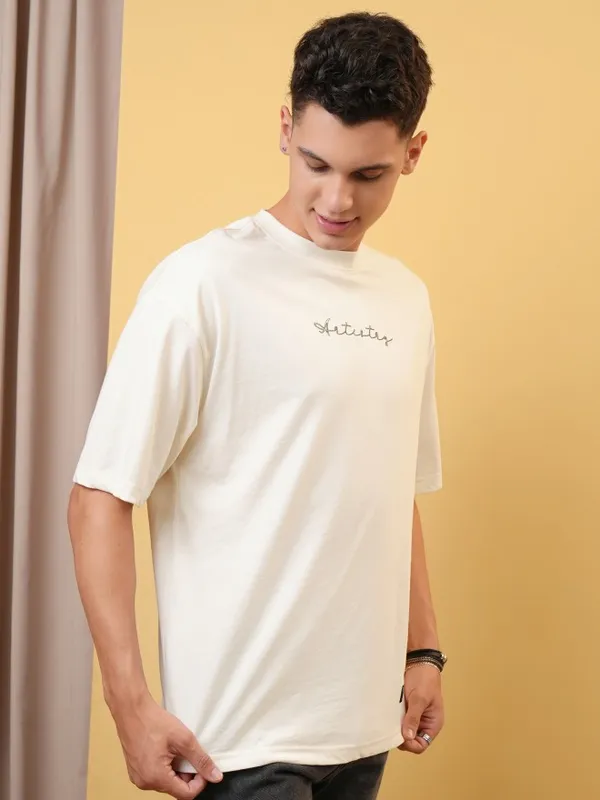 Locomotive Premium Men Off White Round Neck Half Sleeve Oversized T-Shirt