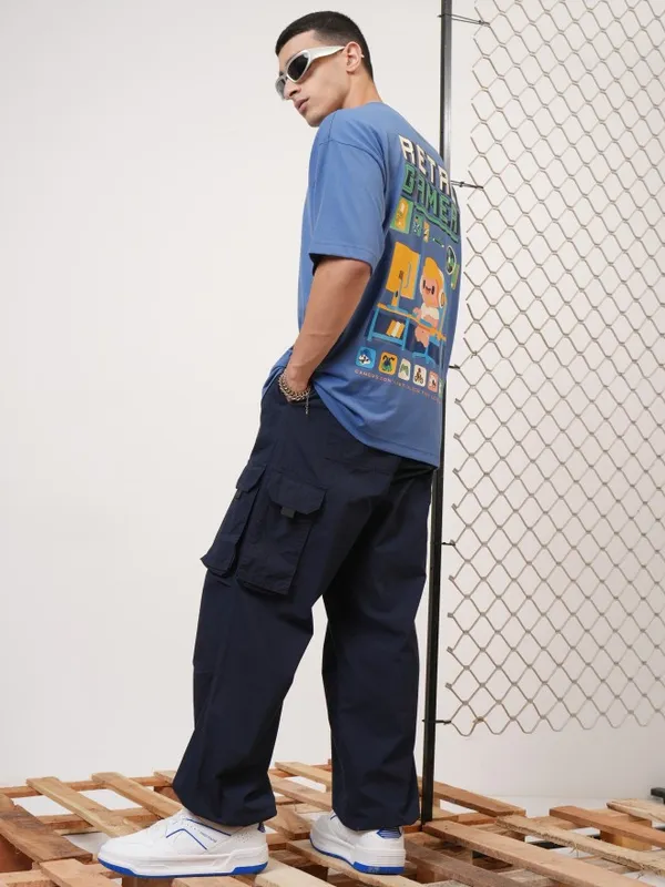 Highlander Men Blue Printed Round Neck Oversized Fit T-Shirt