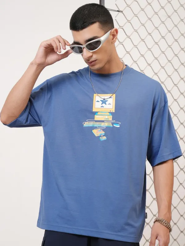 Highlander Men Blue Printed Round Neck Oversized Fit T-Shirt