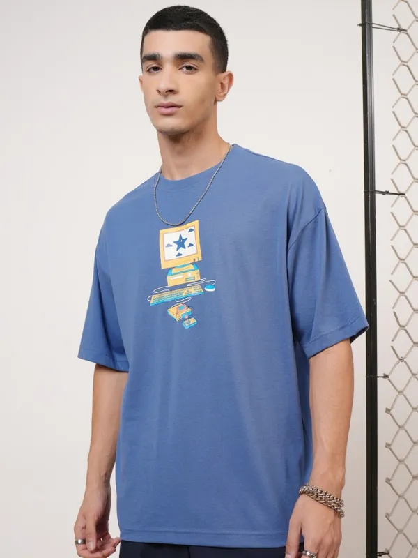 Highlander Men Blue Printed Round Neck Oversized Fit T-Shirt