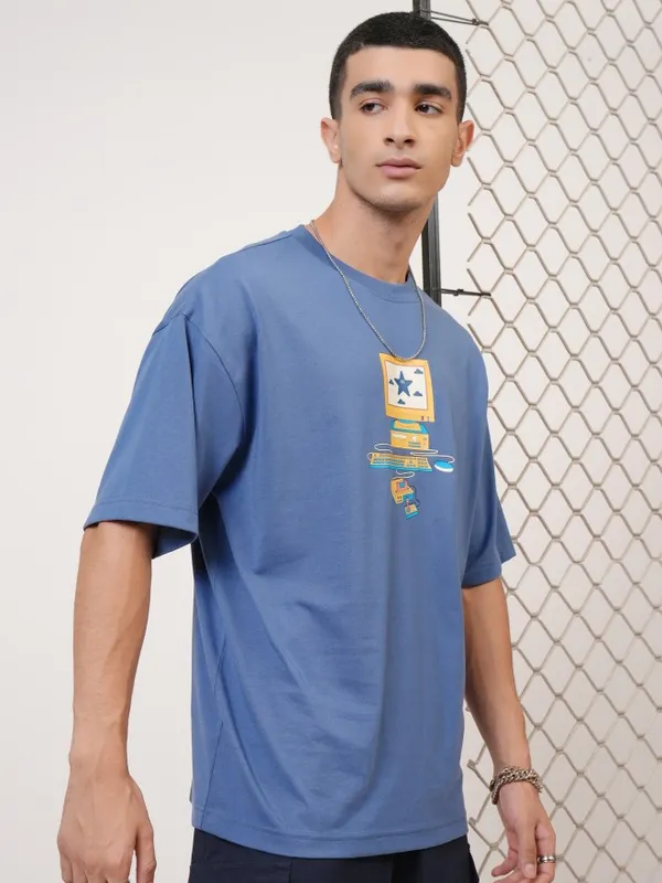 Highlander Men Blue Printed Round Neck Oversized Fit T-Shirt