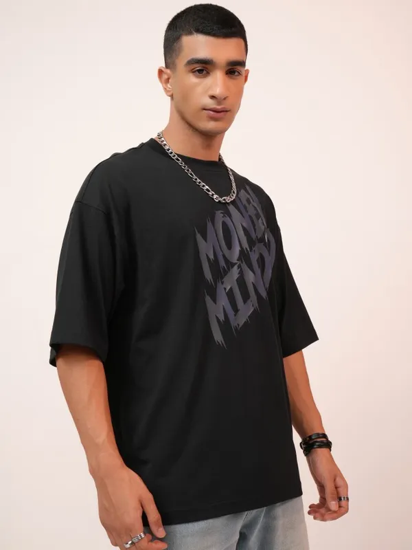 Highlander Men Black Printed Oversized Fit Round Neck T-Shirt
