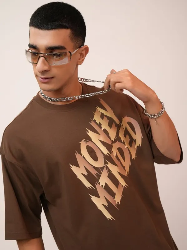 Highlander Men Brown Printed Oversized Fit Round Neck T-Shirt