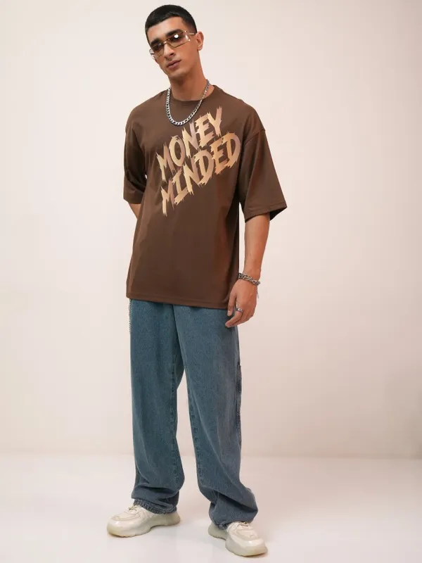 Highlander Men Brown Printed Oversized Fit Round Neck T-Shirt