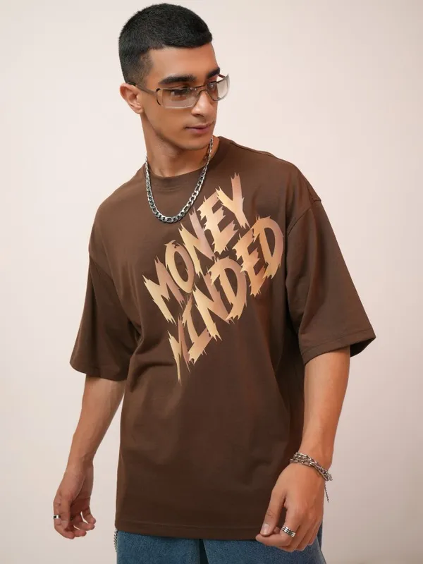 Highlander Men Brown Printed Oversized Fit Round Neck T-Shirt