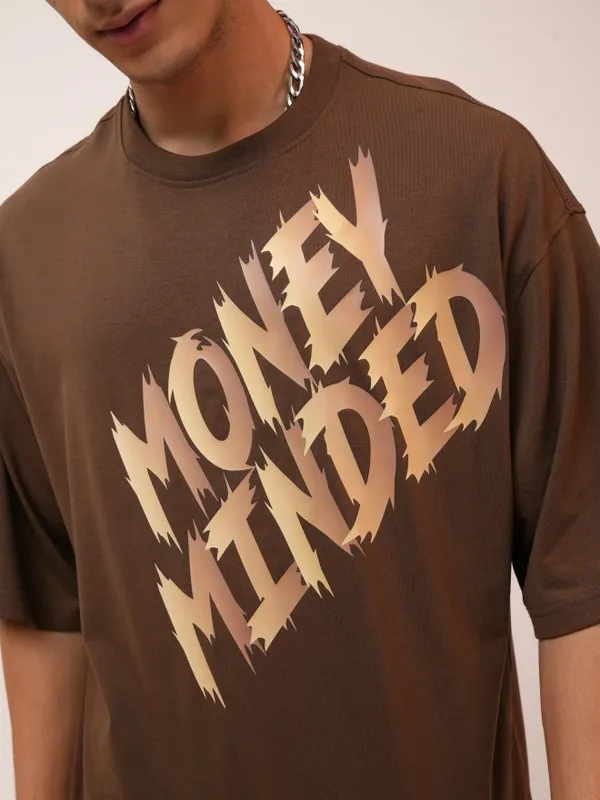 Highlander Men Brown Printed Oversized Fit Round Neck T-Shirt