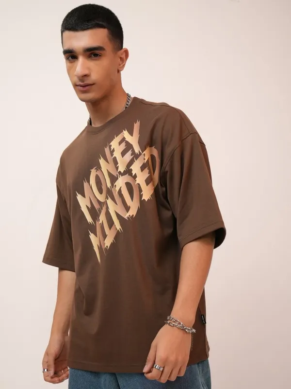 Highlander Men Brown Printed Oversized Fit Round Neck T-Shirt