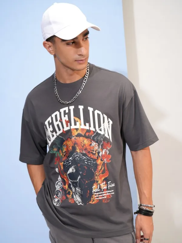  Highlander Men Grey Printed Round Neck T-Shirts