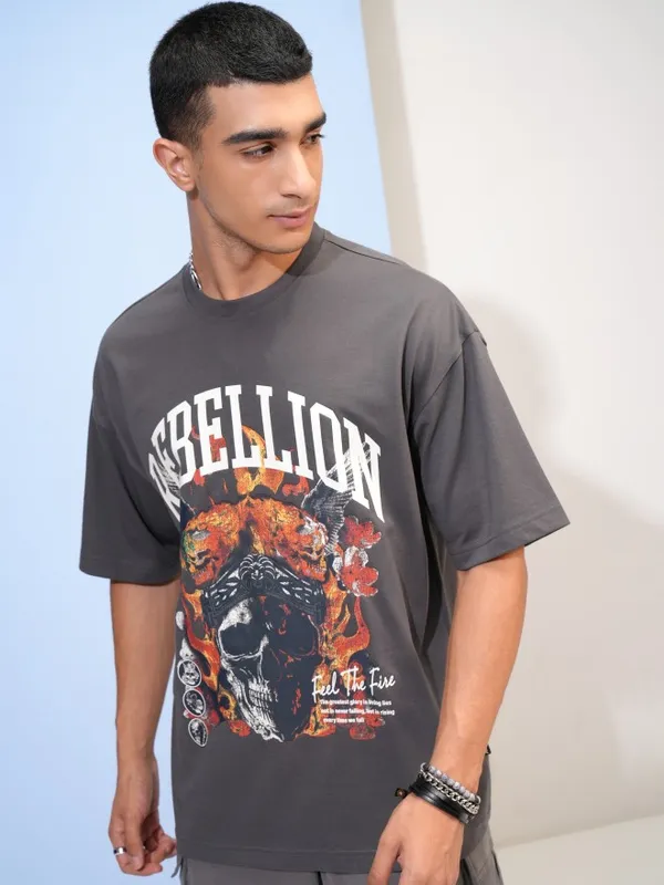  Highlander Men Grey Printed Round Neck T-Shirts