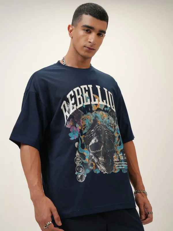 Highlander Men Navy Blue Printed Oversized Fit Round Neck T-Shirt