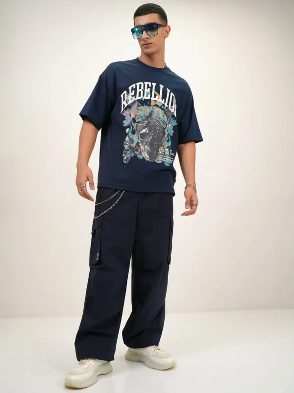 Highlander Men Navy Blue Printed Oversized Fit Round Neck T-Shirt