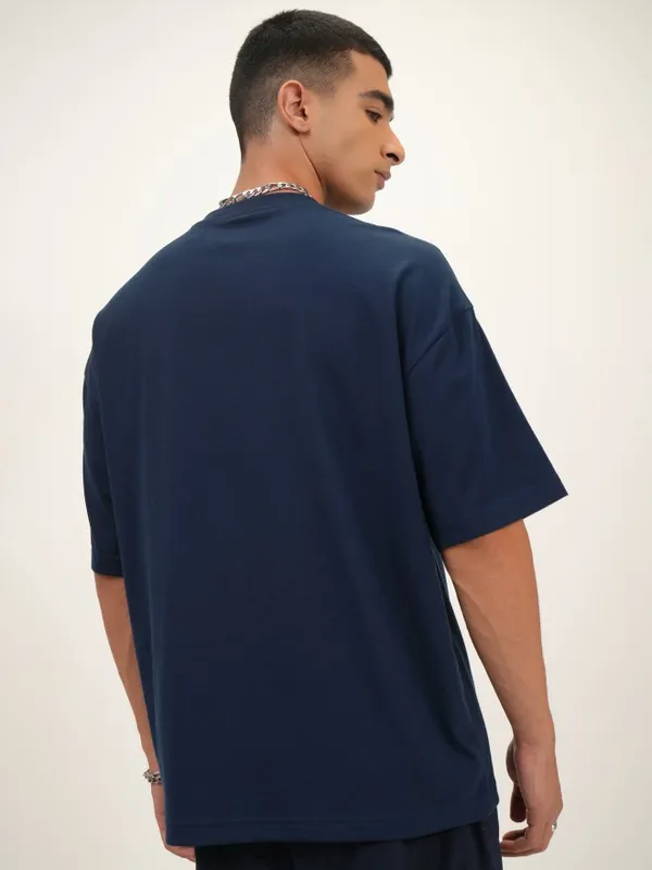 Highlander Men Navy Blue Printed Oversized Fit Round Neck T-Shirt
