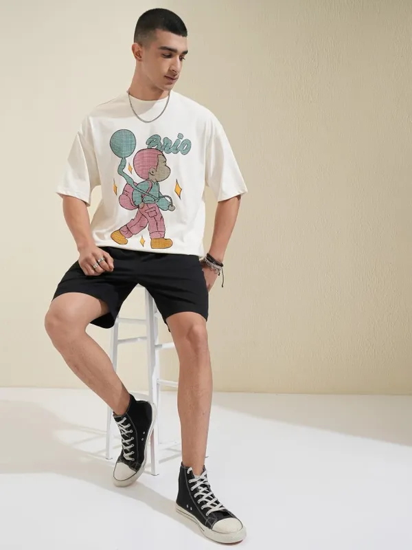 Highlander Men Off White Printed Round Neck Oversized Fit T-Shirt