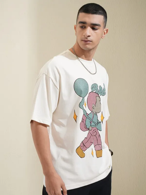 Highlander Men Off White Printed Round Neck Oversized Fit T-Shirt