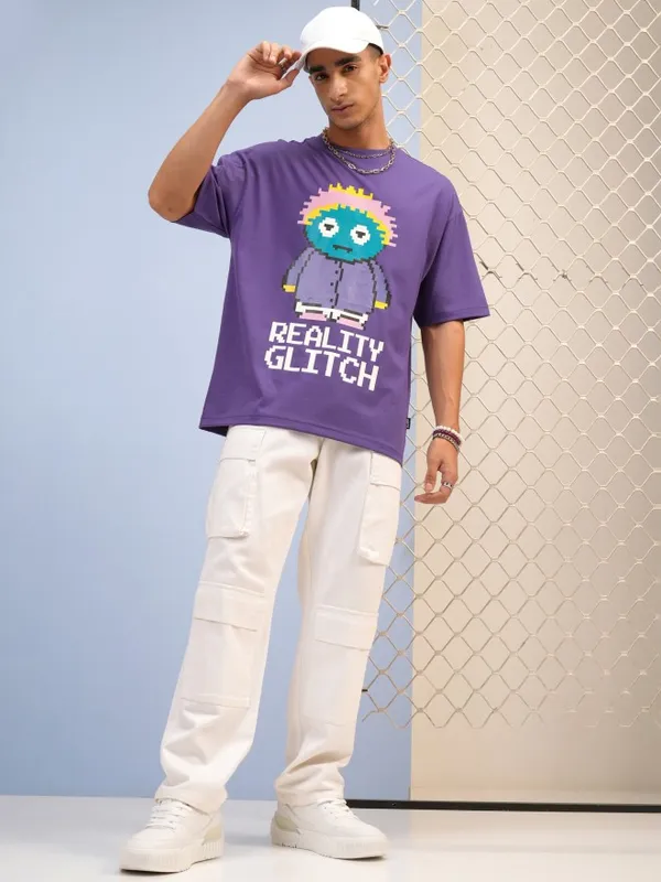 Highlander Men Purple Printed Round Neck Oversized Fit T-Shirt