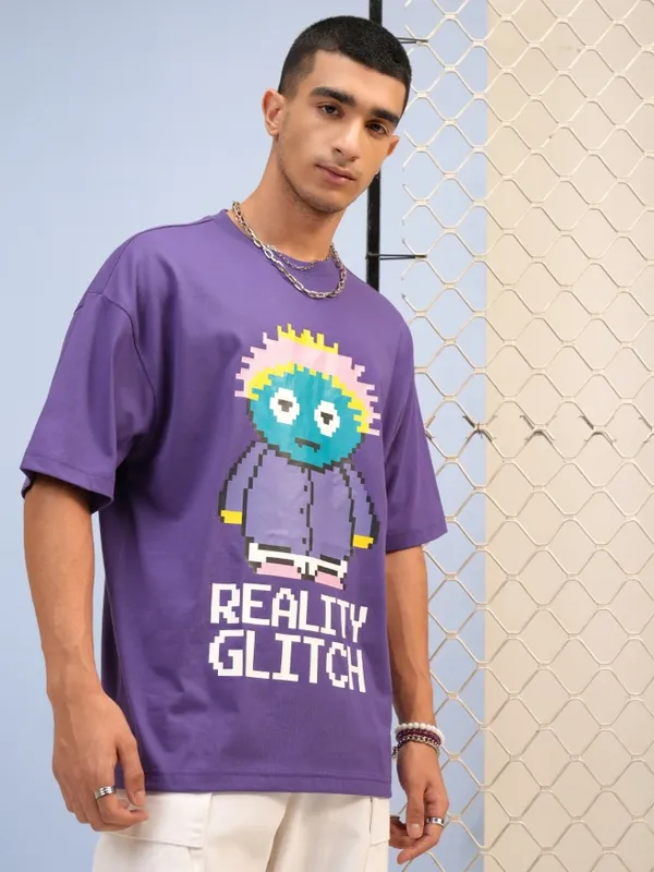 Highlander Men Purple Printed Round Neck Oversized Fit T-Shirt