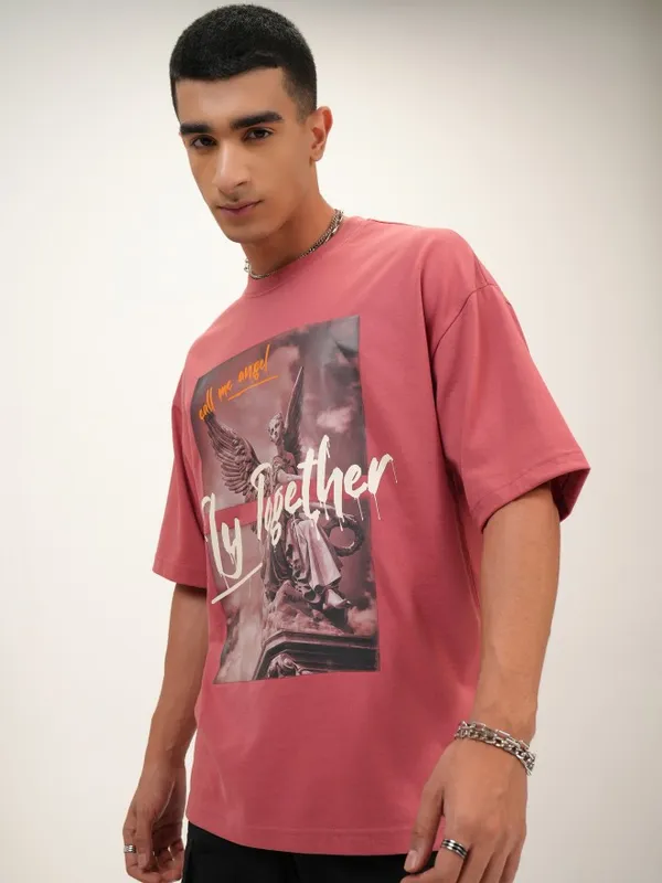 Highlander Men Terracotta Printed Oversized Fit Round Neck T-Shirt