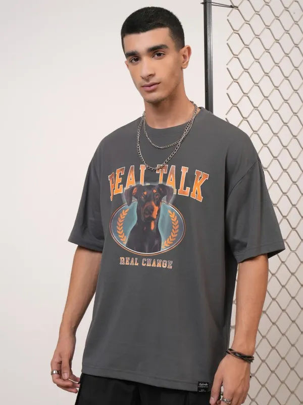 Highlander Men Grey Printed Round Neck Oversized Fit T-Shirt