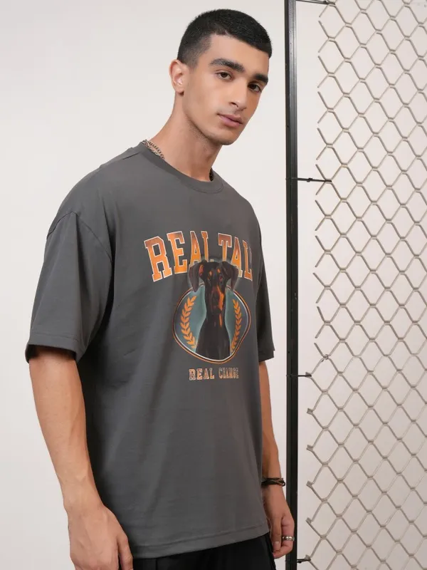 Highlander Men Grey Printed Round Neck Oversized Fit T-Shirt