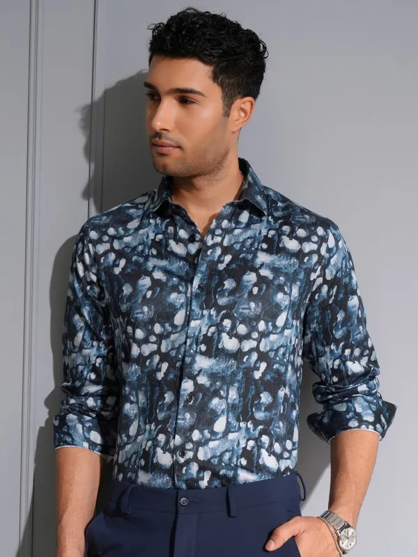 Locomotive Men Premium Blue Satin Printed Occasion Shirt