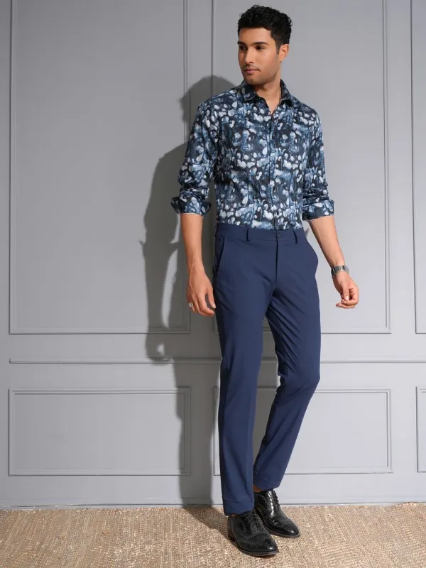 Locomotive Men Premium Blue Satin Printed Occasion Shirt