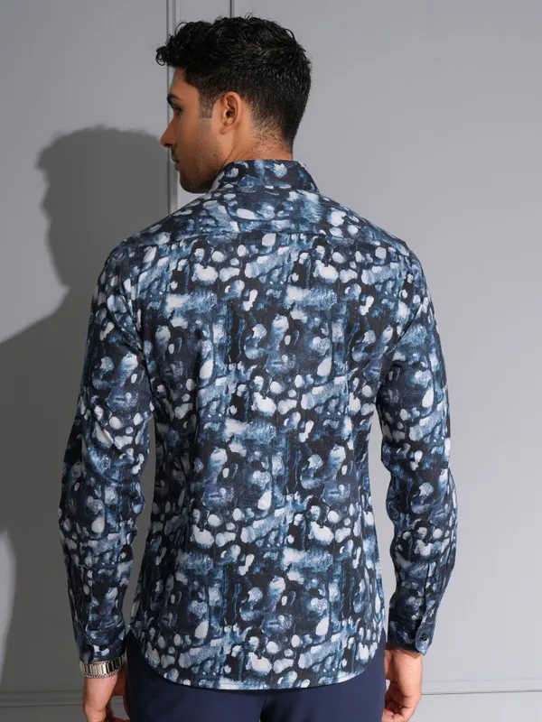 Locomotive Men Premium Blue Satin Printed Occasion Shirt