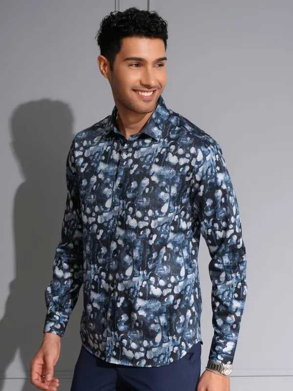 Locomotive Men Premium Blue Satin Printed Occasion Shirt