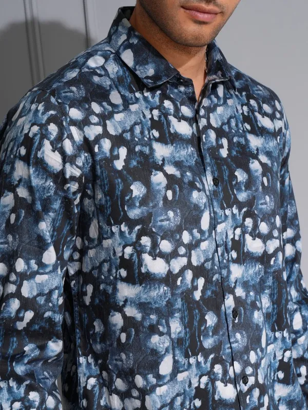 Locomotive Men Premium Blue Satin Printed Occasion Shirt
