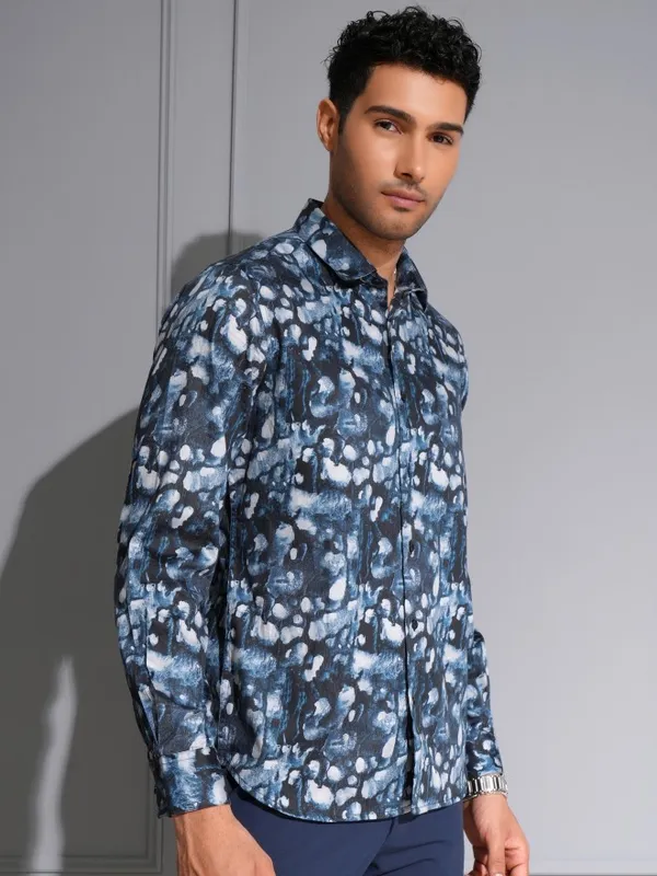 Locomotive Men Premium Blue Satin Printed Occasion Shirt