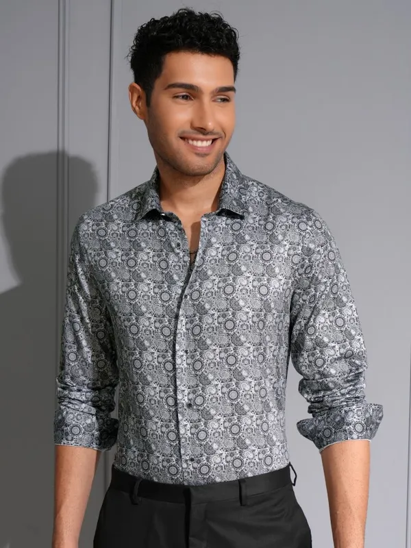 Locomotive Men Premium Grey Satin Printed Occasion Shirt