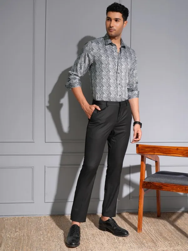 Locomotive Men Premium Grey Satin Printed Occasion Shirt