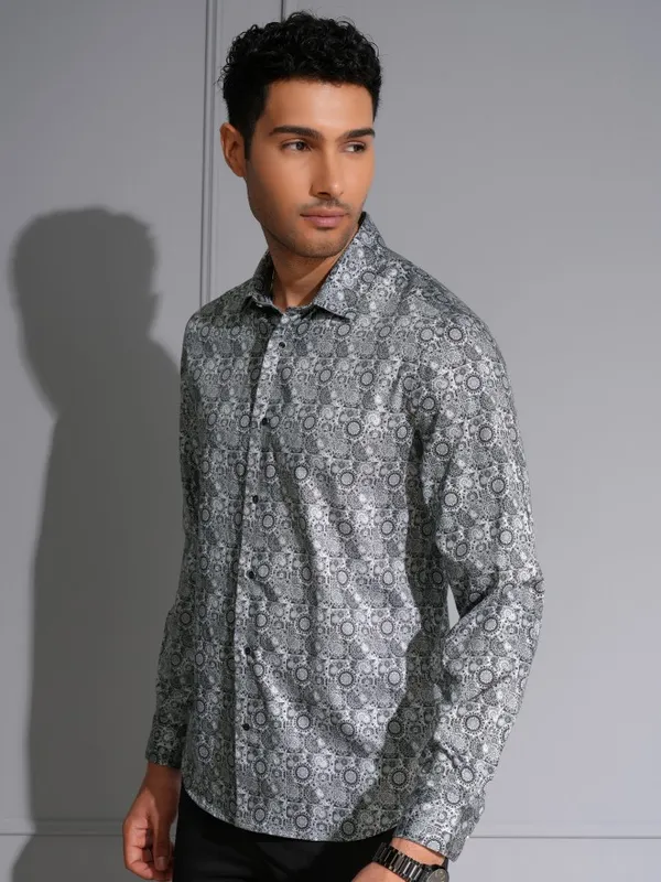 Locomotive Men Premium Grey Satin Printed Occasion Shirt