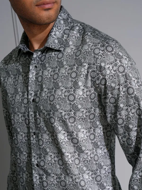 Locomotive Men Premium Grey Satin Printed Occasion Shirt