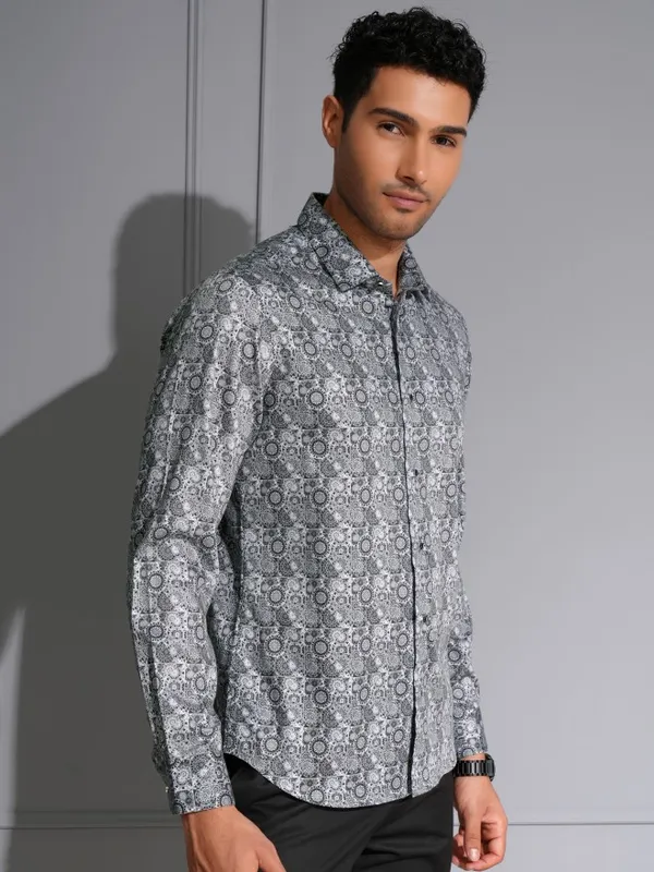 Locomotive Men Premium Grey Satin Printed Occasion Shirt