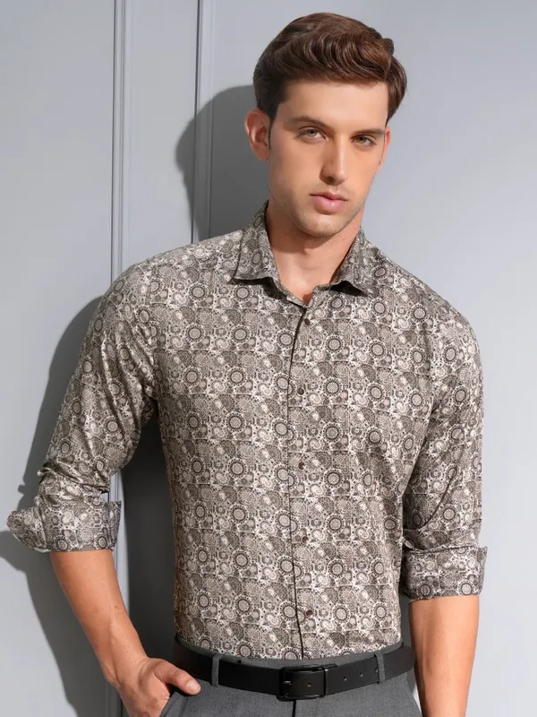 Locomotive Premium Men Brown Satin Printed Occasion Shirt