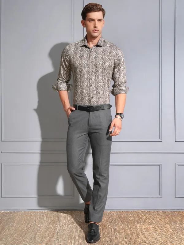 Locomotive Premium Men Brown Satin Printed Occasion Shirt