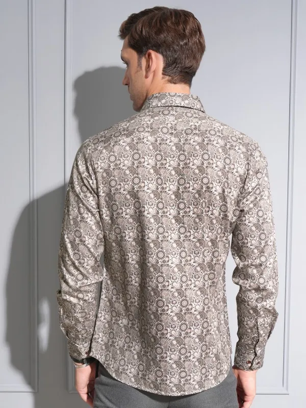 Locomotive Premium Men Brown Satin Printed Occasion Shirt