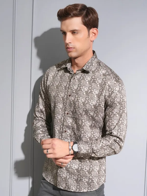 Locomotive Premium Men Brown Satin Printed Occasion Shirt