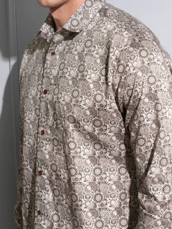 Locomotive Premium Men Brown Satin Printed Occasion Shirt
