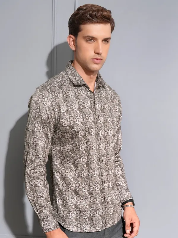 Locomotive Premium Men Brown Satin Printed Occasion Shirt