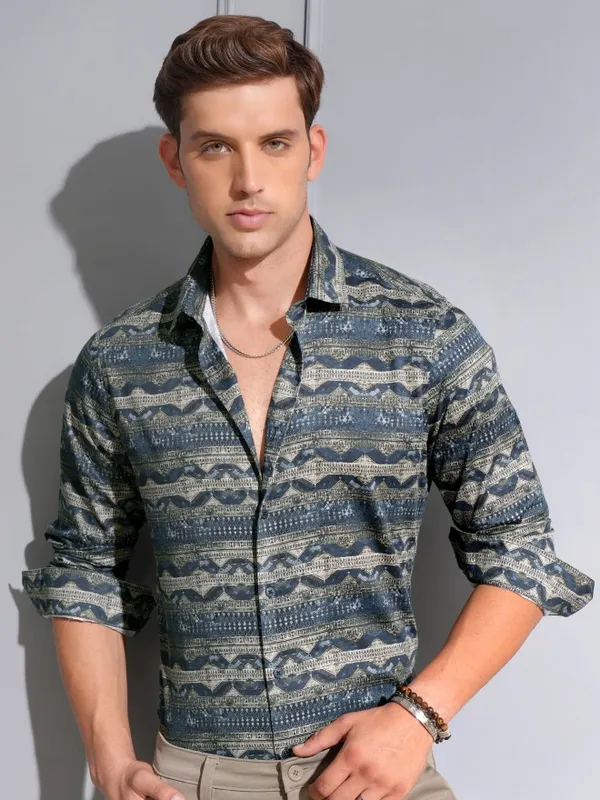 Locomotive Premium Men Navy Satin Printed Occasion Shirt