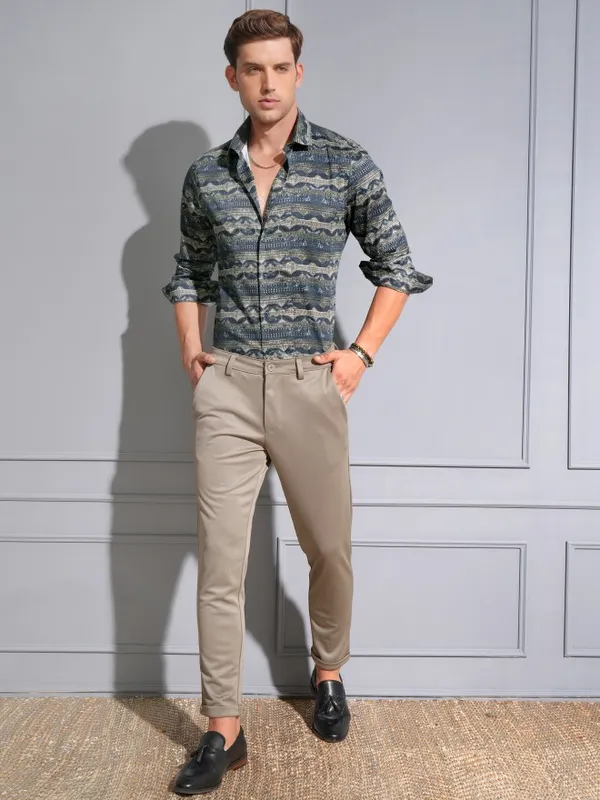 Locomotive Premium Men Navy Satin Printed Occasion Shirt