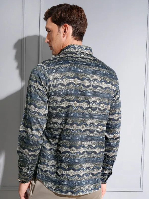 Locomotive Premium Men Navy Satin Printed Occasion Shirt
