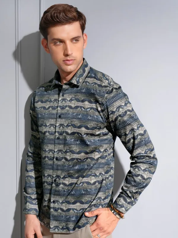Locomotive Premium Men Navy Satin Printed Occasion Shirt