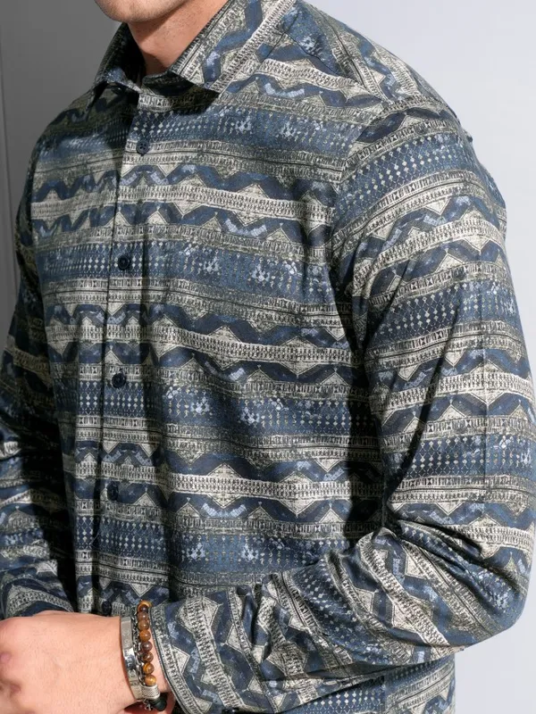 Locomotive Premium Men Navy Satin Printed Occasion Shirt