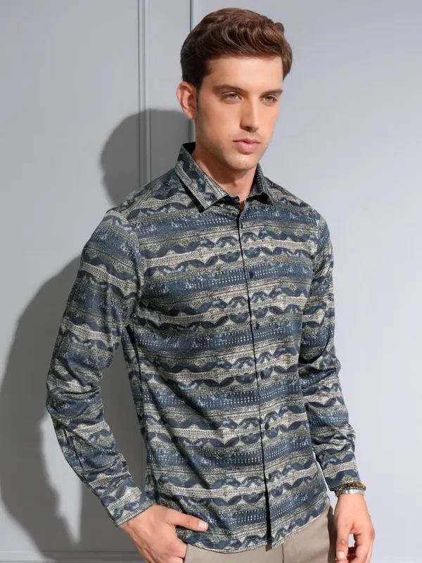 Locomotive Premium Men Navy Satin Printed Occasion Shirt