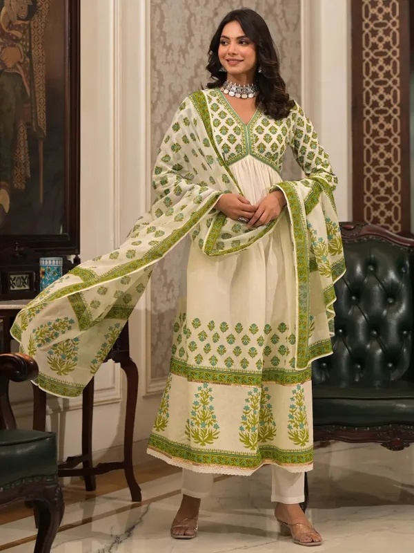 Vishudh Women White Printed Kurta With Trousers And Dupatta